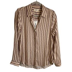 L’AGENCE NWT Chain Print Viscose Button Front Blouse Sz L Beige Brown Old Money